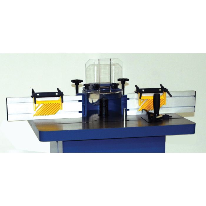 adjustable fence with feather board hold downs, miter gauge, and clear view spindle guard