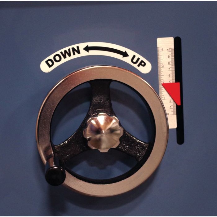 spindle elevation hand wheel with locking knob, handle, and easy to read scale