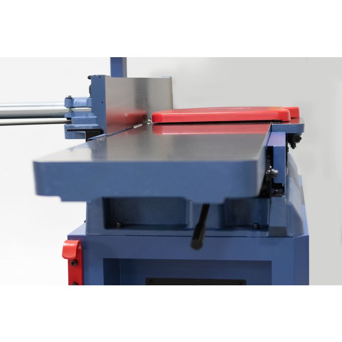 lever adjustable outfeed table, bright red guard, and tilting fence