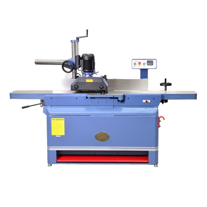 powered stock feeder shown mounted to a jointer