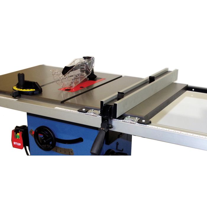 cast iron t-slot table with locking fence, miter gauge, and anti-kickback blade guard