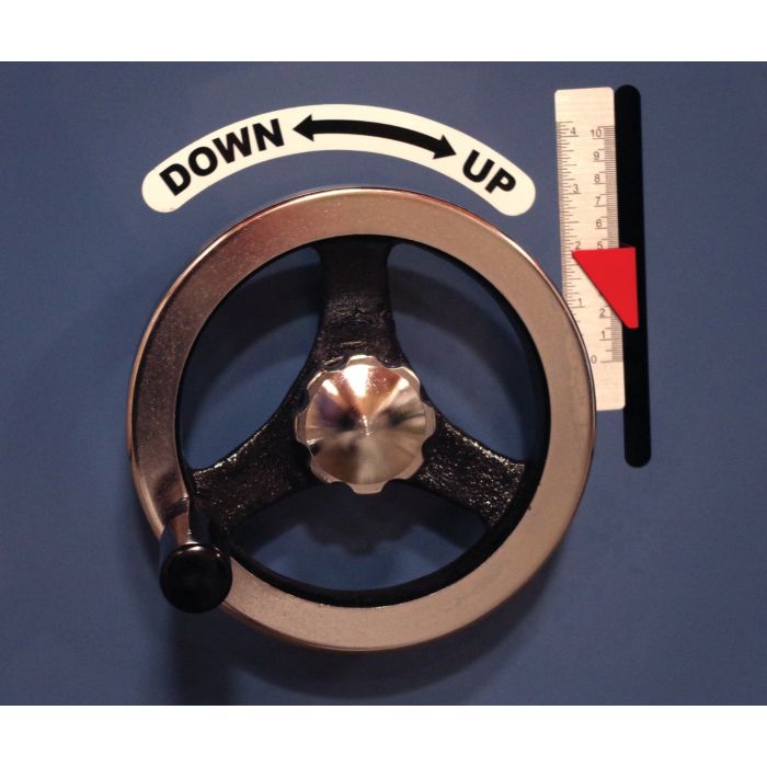 spindle elevation hand wheel with locking knob, handle, and easy to read scale