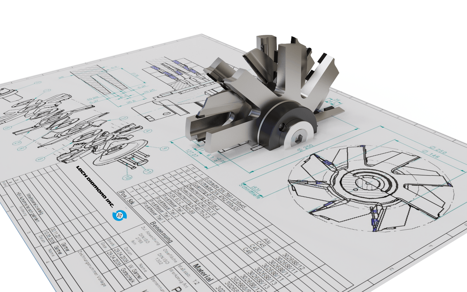 Technical drawing blended with reality to bring PCD tooling to life with the help of Lach Diamond your tooling becomes reality with literal cutting edges made of diamond for the highest precision and tool life imaginable.