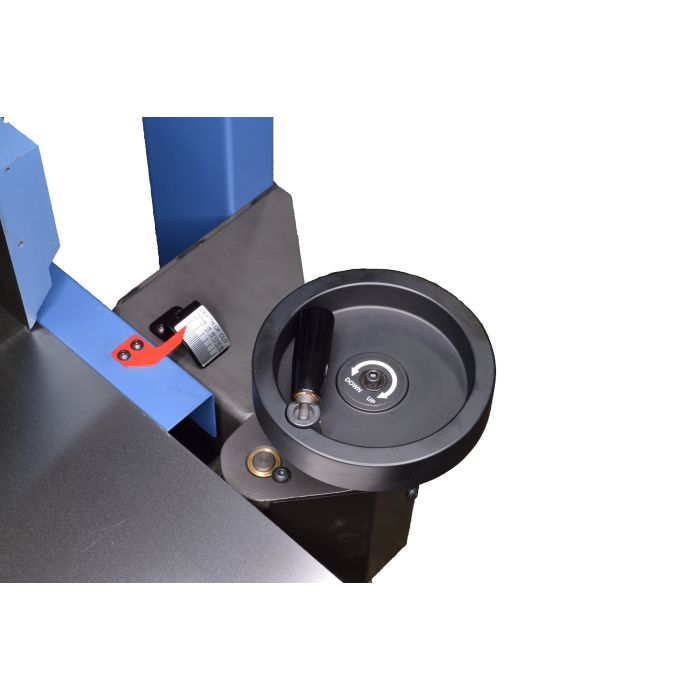 table height adjustment hand wheel with collapsable handle and scale