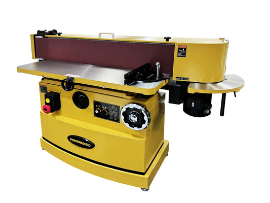 Powermatic's oscillating belt edge sander with tilting platen, end table for contour sanding, and efficient 3 HP motor.